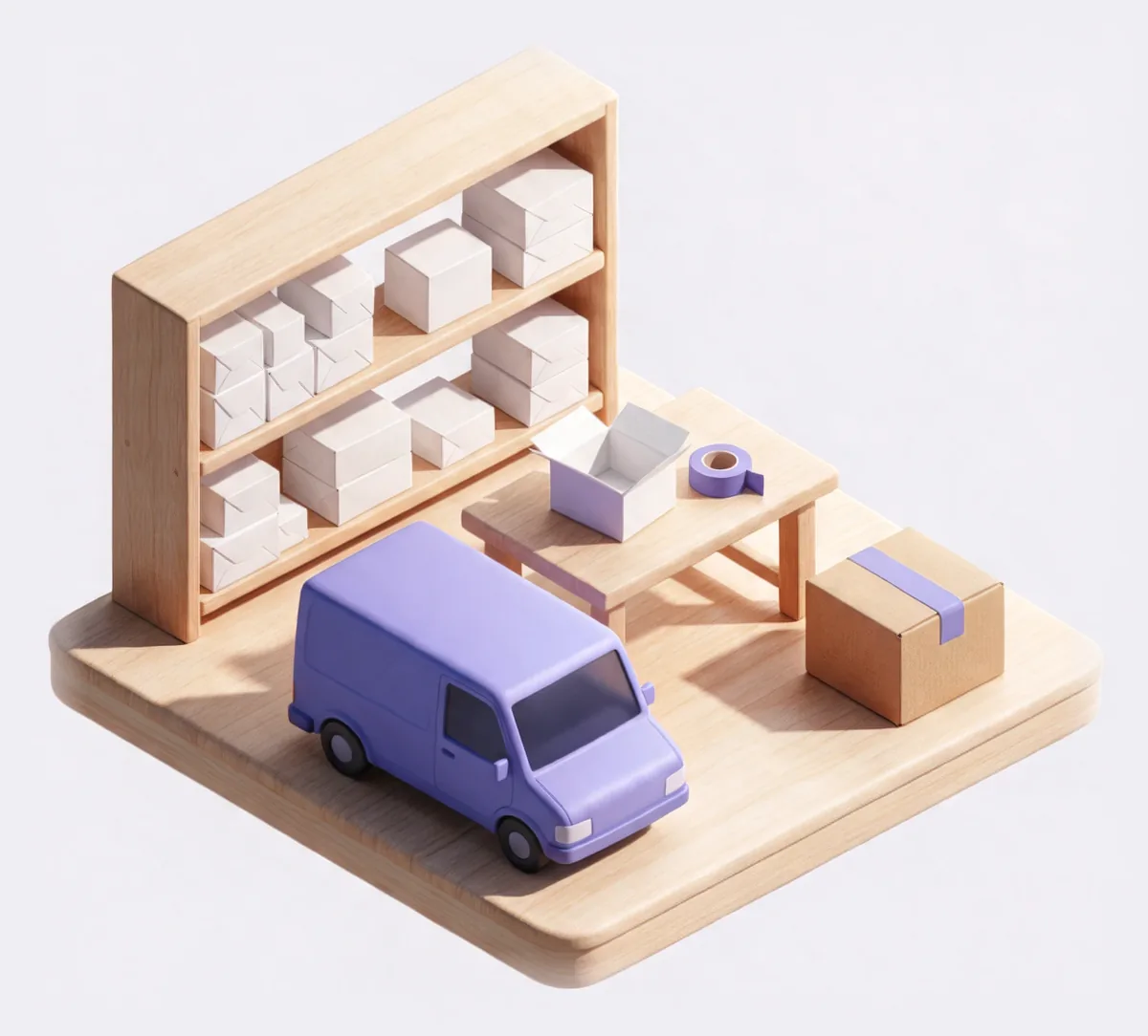 Lager mit Regal, Packtisch, Paket und Lieferwagen